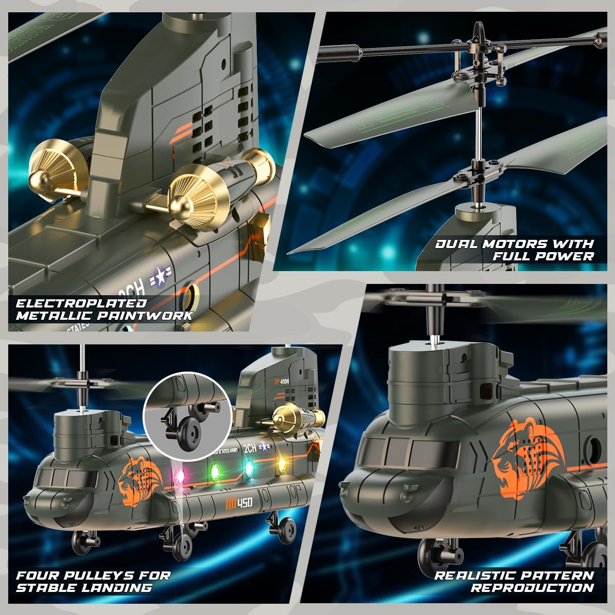 Elicopter cu telecomanda VATOS Chinook RC 2.4GHz, elicopter militar cu 2 motoare si 2 baterii reincarcabile, mentinere altitudine, decolare si aterizare cu un singur buton, lumini LED, sistem anti-blocare, zbor interior/exterior, pentru copii si adulti