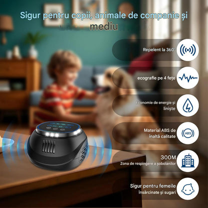 Aparat antidaunatori 360° cu ultrasunete si lumini LED, repellent anti insecte, anti gandaci, anti rozatoare, anti sobolani, raza 300 m², 4 moduri functionare, negru