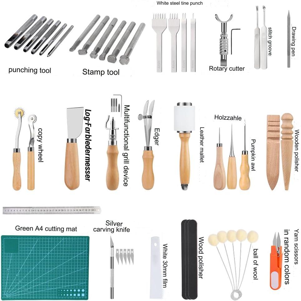Set profesional de prelucrare a pielii, 65 de piese, stampile, perforatoare, scule marochinarie cu geanta de depozitare