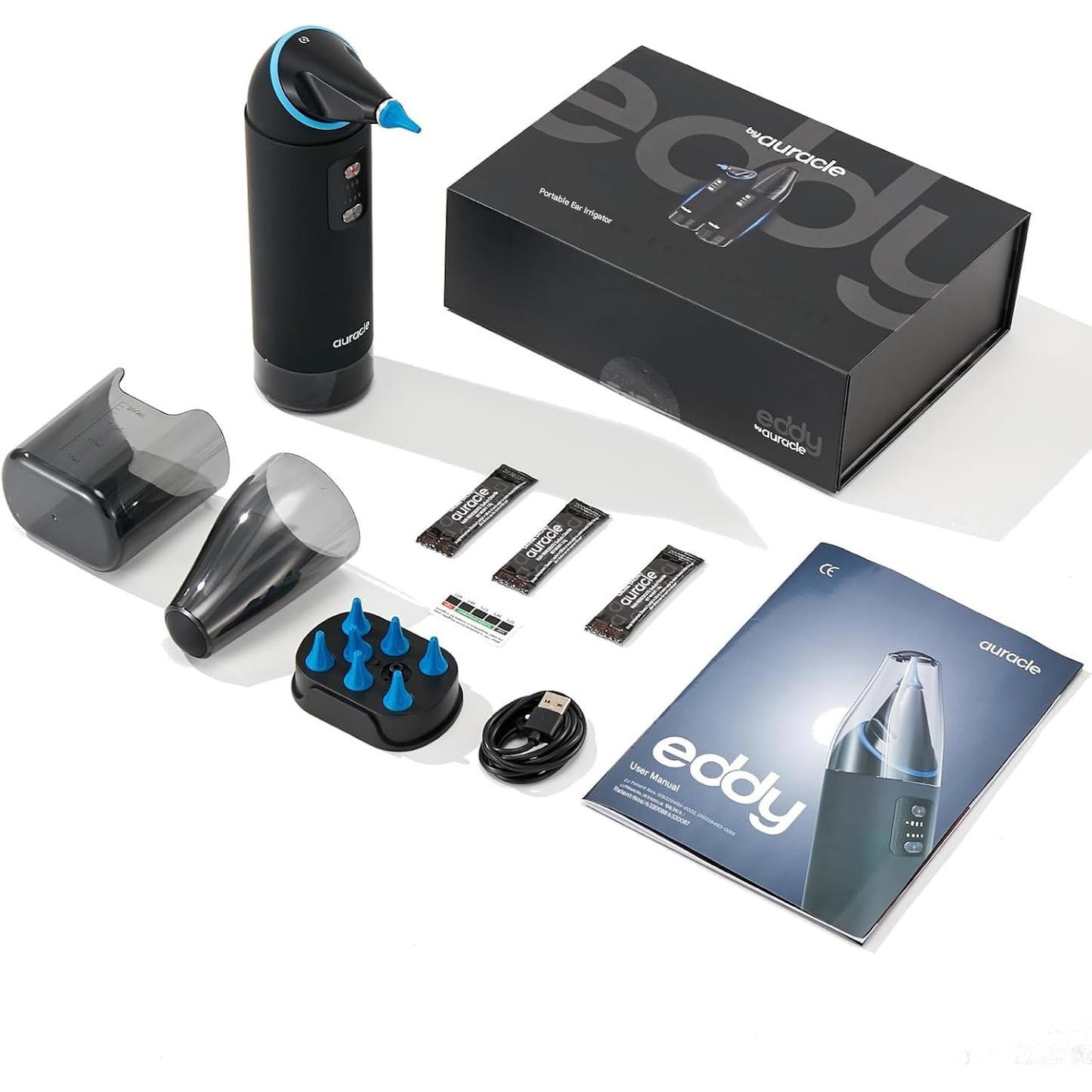 Aparat de curatat urechile, electric, indeparteaza eficient ceara, 55 dB, rezervor de 200 ml, cu 4 moduri irigare, impermeabil IP65, baterie reincarcabila de 2000 mAh, cap rotativ la 360°, cu 8 capete de schimb si 2 duze