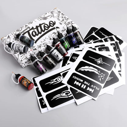 Kit de tatuaje temporare cu 10 sticle de cerneala diferite de 15 ml si 84 sabloane diferite, rezistente la apa, usor de utilizat