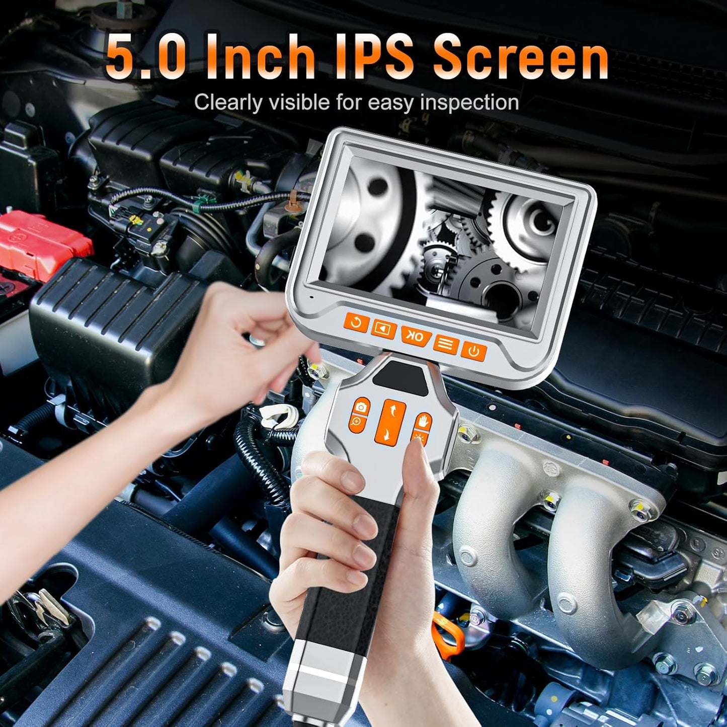 Endoscop industrial, camera de inspectie rotativa electric 360°, cu lentila de 6 mm, 8 lumini LED reglabile, ecran de 5 inch, tub semirigid de 1.5 m, card 64 GB inclus, foto/video