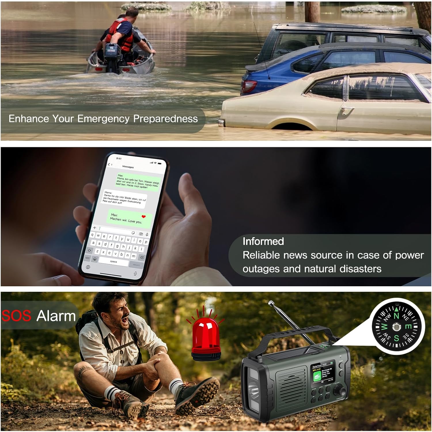 Radio de urgenta DAB/FM, 20000 mAh, manivela si panou solar, Bluetooth, powerbank, AUX, lanterna LED, alarma SOS, busola, ceas, incarcare USB, verde