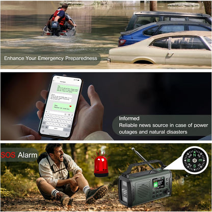 Radio de urgenta DAB/FM, 20000 mAh, manivela si panou solar, Bluetooth, powerbank, AUX, lanterna LED, alarma SOS, busola, ceas, incarcare USB, verde
