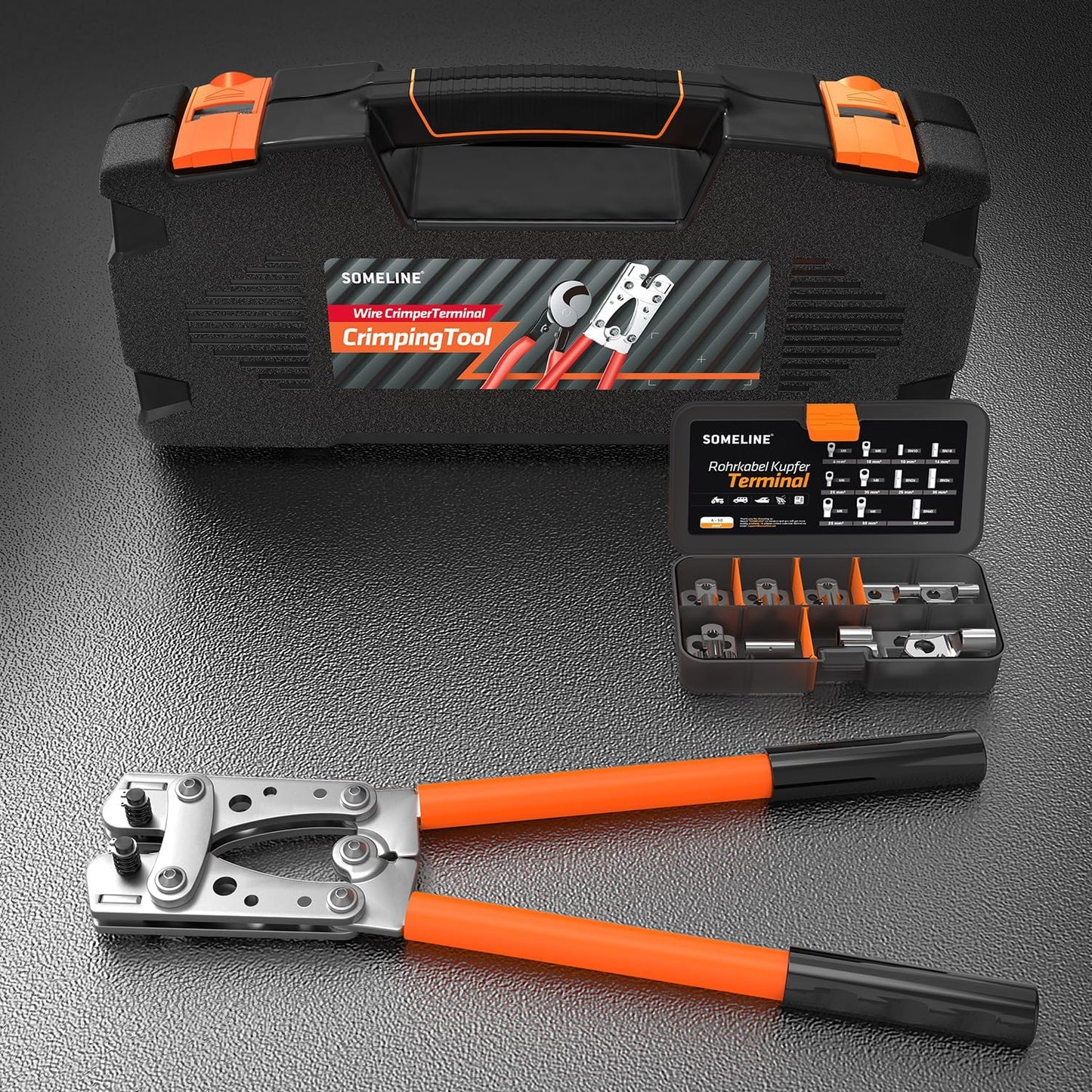 Set cleste de sertizare 6-50 mm² cu 21 bucati terminale 6 mm², 10 mm², 16 mm², 25 mm², 35 mm², 50 mm², cu cutie de depozitare si transport, SOMELINE