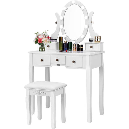 Masa de toaleta/machiaj cu oglinda cosmetica iluminata LED rotativa, scaun captusit, masuta cu sertare pentru depozitare, 134 x 81 x 40 cm, alba