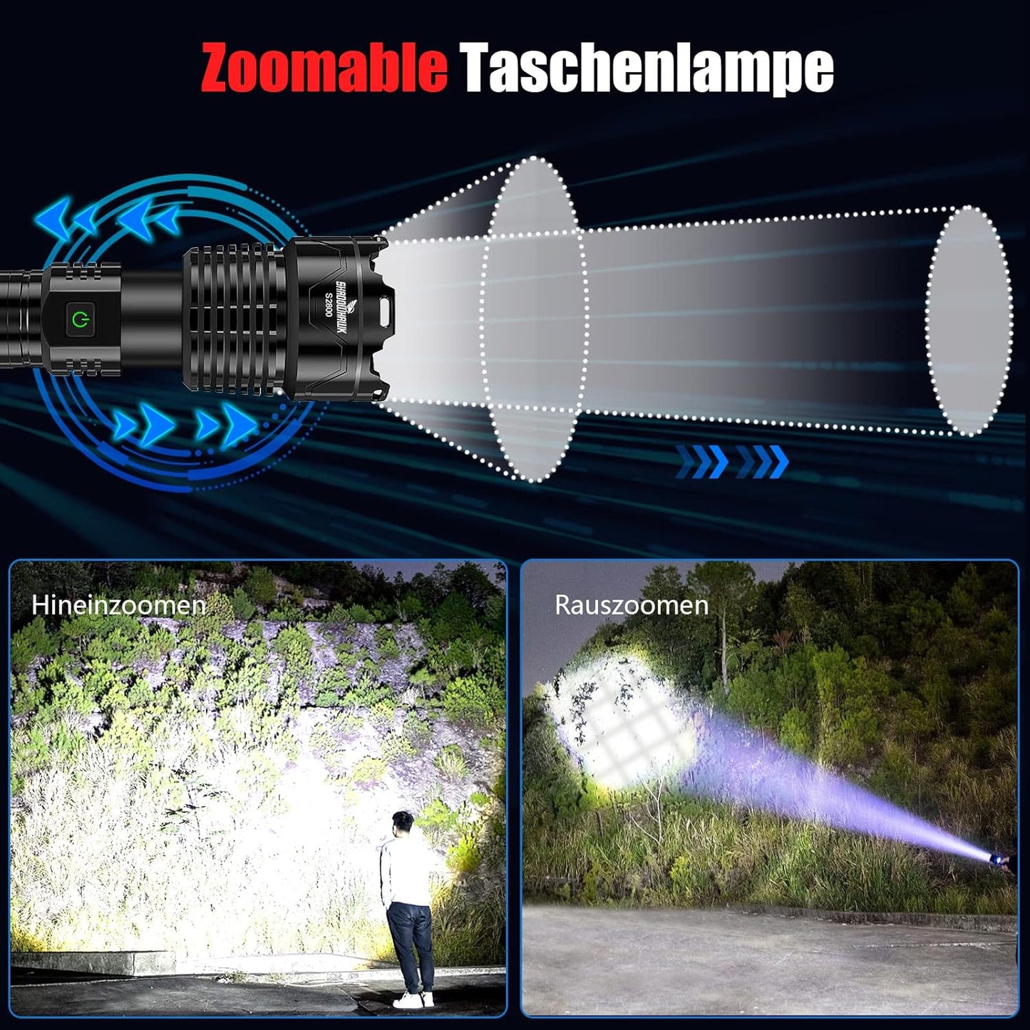 Lanterna tactica LED, din aluminiu, 30000 lumeni, profesionala, focus ajustabil, acumulator inclus, 5 moduri iluminare, rezistenta la apa, incarcare USB, sursa XHP160.2