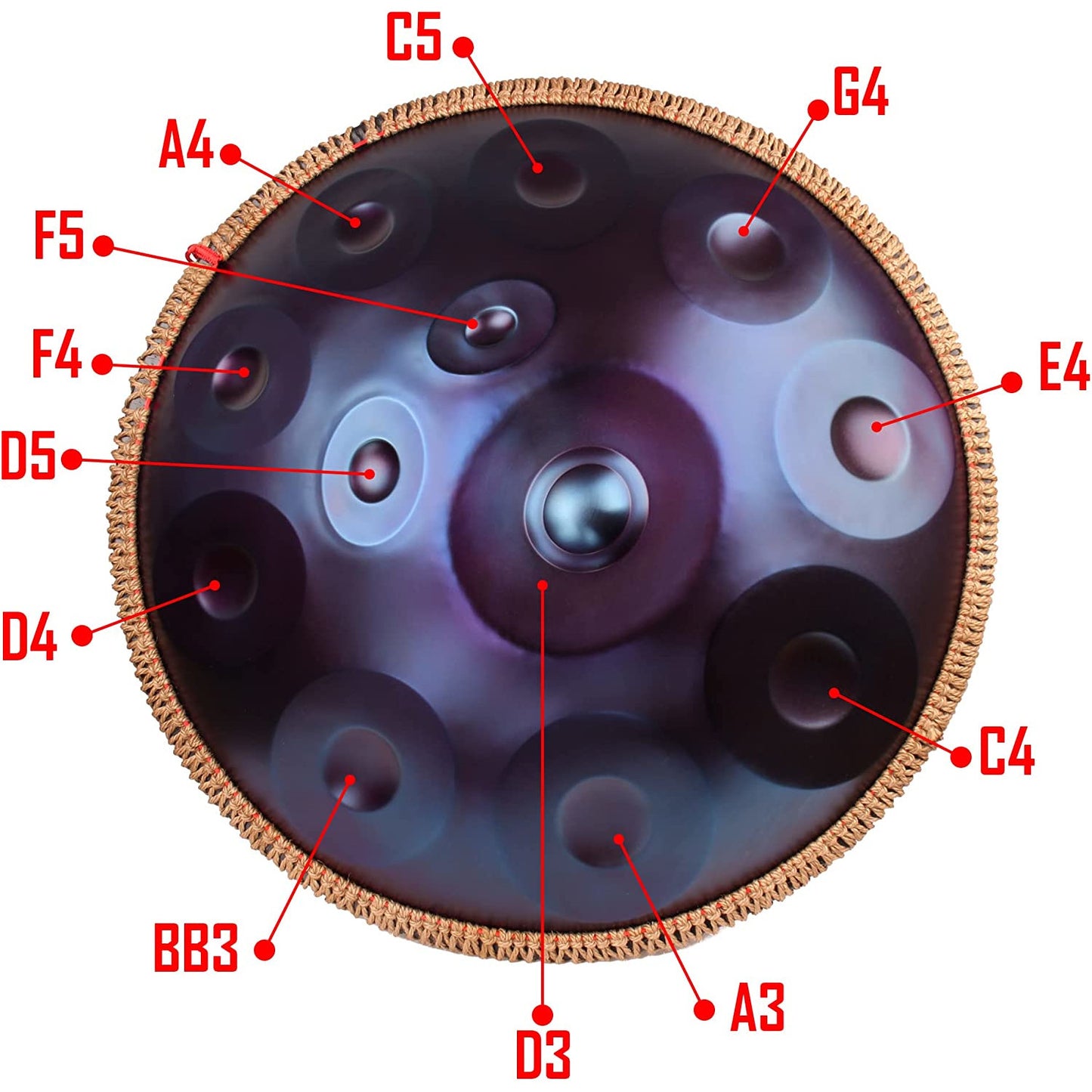 Instrument muzical Handpan cu 12 note in re major, hand drum 22 inch cu husa de depozitare si transport, albastru