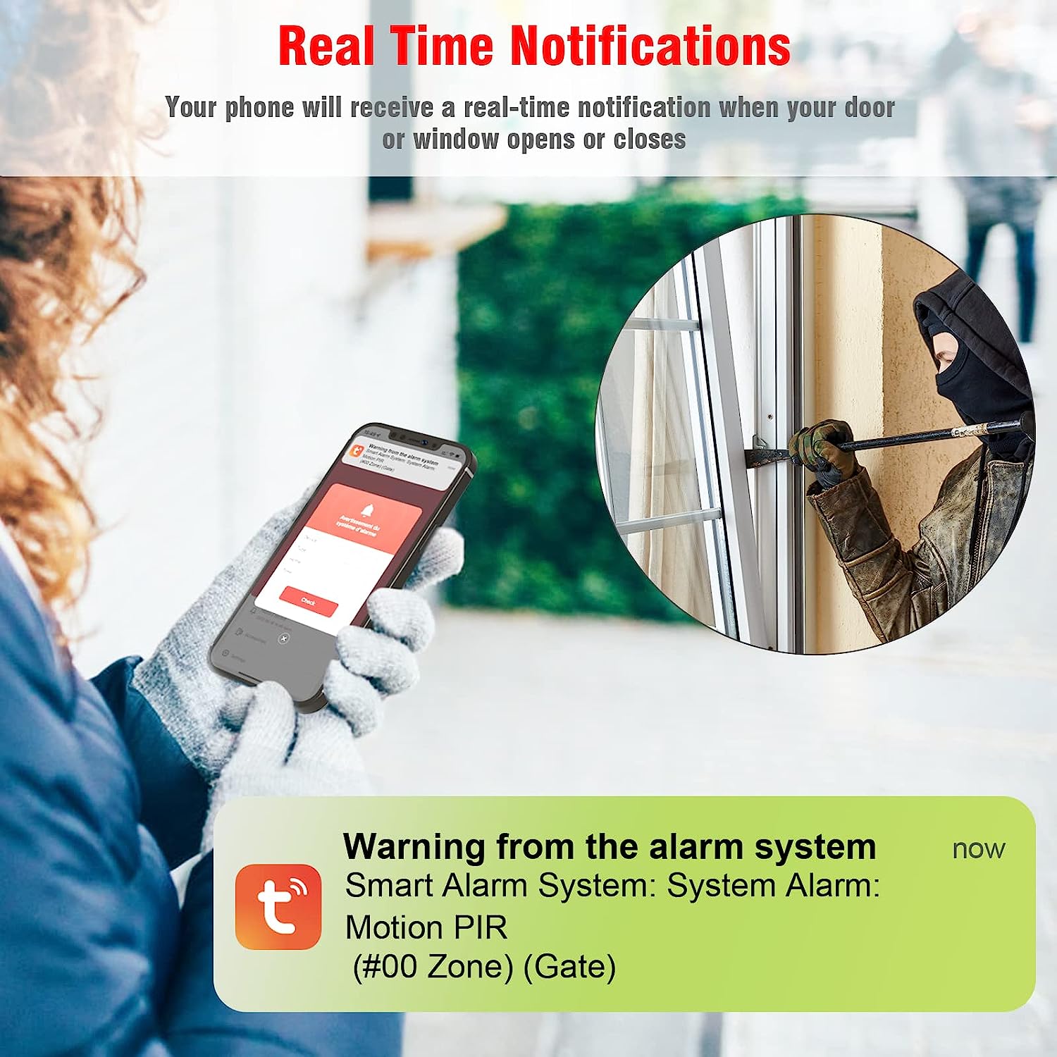 Sistem de alarma WiFi smart, pentru usi si ferestre, cu 5 senzori magnetici, 2 telecomenzi, control prin aplicatie, compatibil Alexa si Google Home, pentru casa, garaj, birou