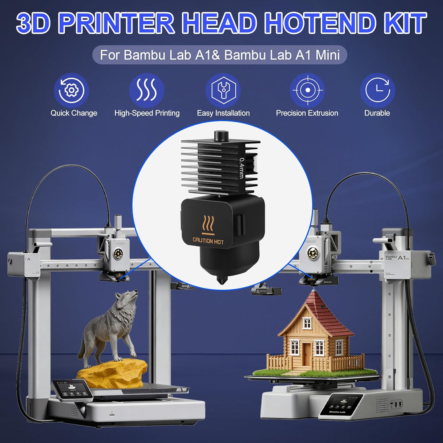 Set 3 Hotend-uri 0.4 mm pentru Bambu Lab A1 / A1 Mini, cu duze otel calit 0.2/0.4/0.6 mm, sosete silicon, ace curatare si chei, compatibil PLA ABS PETG TPU lemn 1.75 mm, kit complet extruder imprimanta 3D
