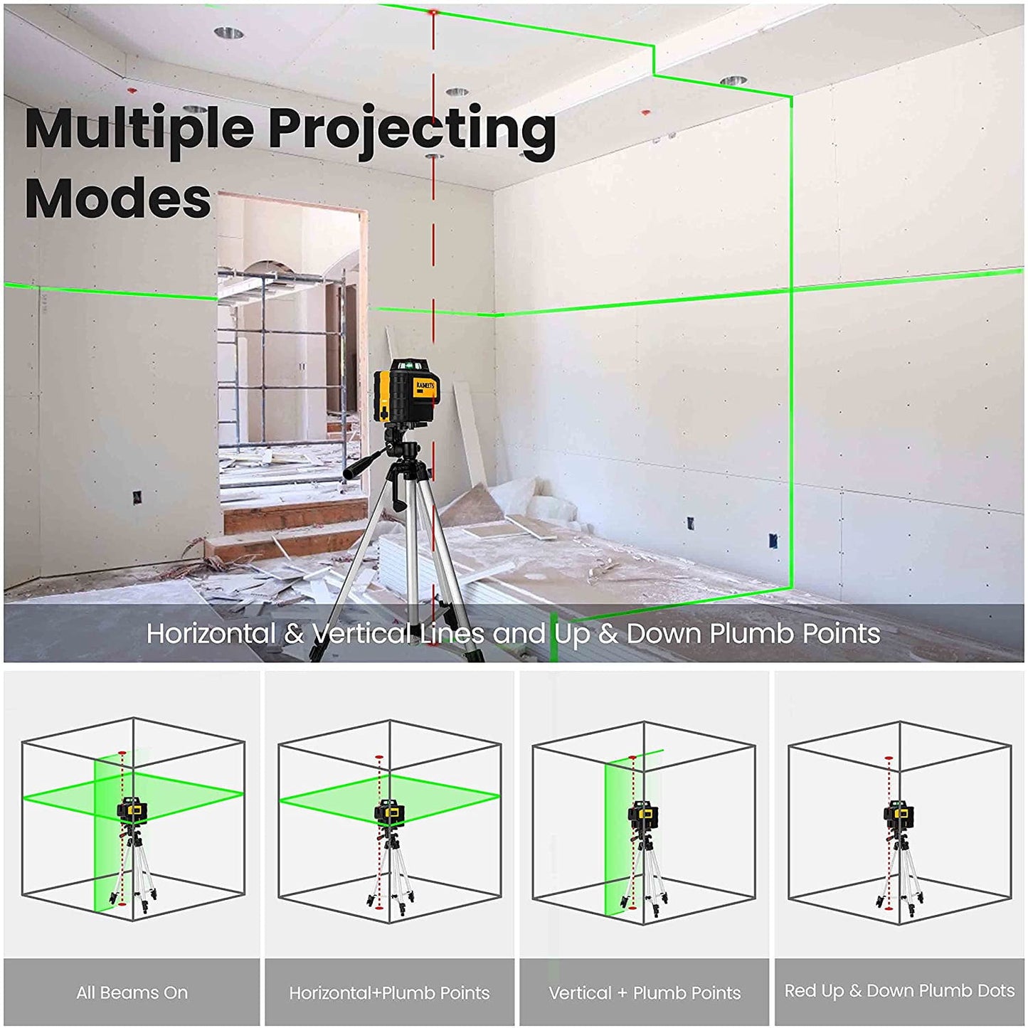 Set nivela laser cu linii in cruce si detector, cu plumb, linie verde autonivelanta 360 grade, cu incarcare USB, detectare 50 m