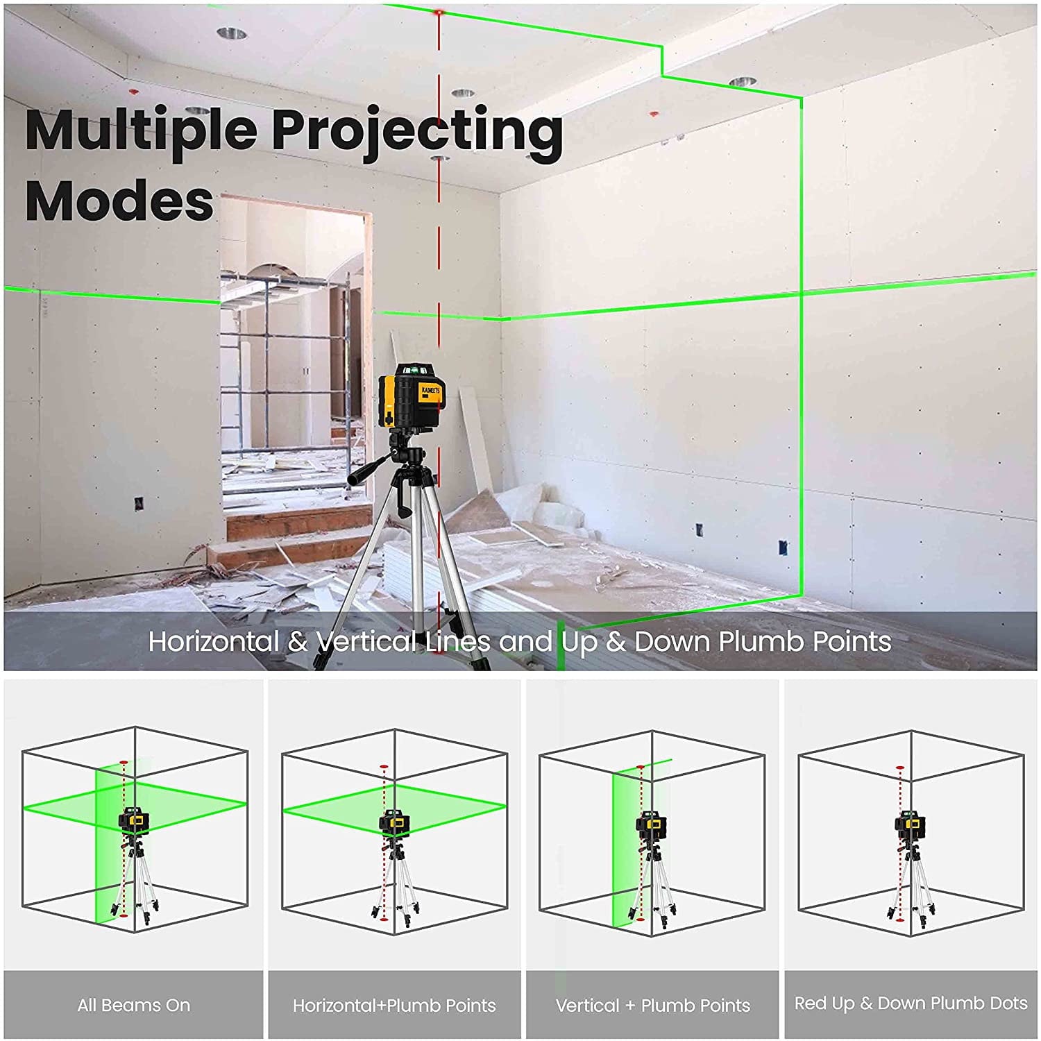 Set nivela laser cu linii in cruce si detector, cu plumb, linie verde autonivelanta 360 grade, cu incarcare USB, detectare 50 m