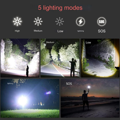 Lanterna tactica LED, din aluminiu, 10000 lumeni, profesionala, focus ajustabil, acumulator inclus, 5 moduri iluminare, rezistenta la apa, incarcare USB, sursa CREE XHP70.2