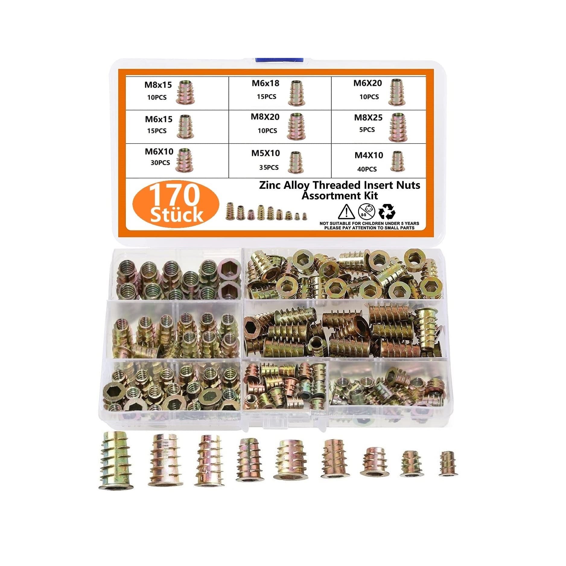 Set 170 piulite, cap haxagonal, M4 M5 M6 M8, din aliaj de zinc, pentru lemn
