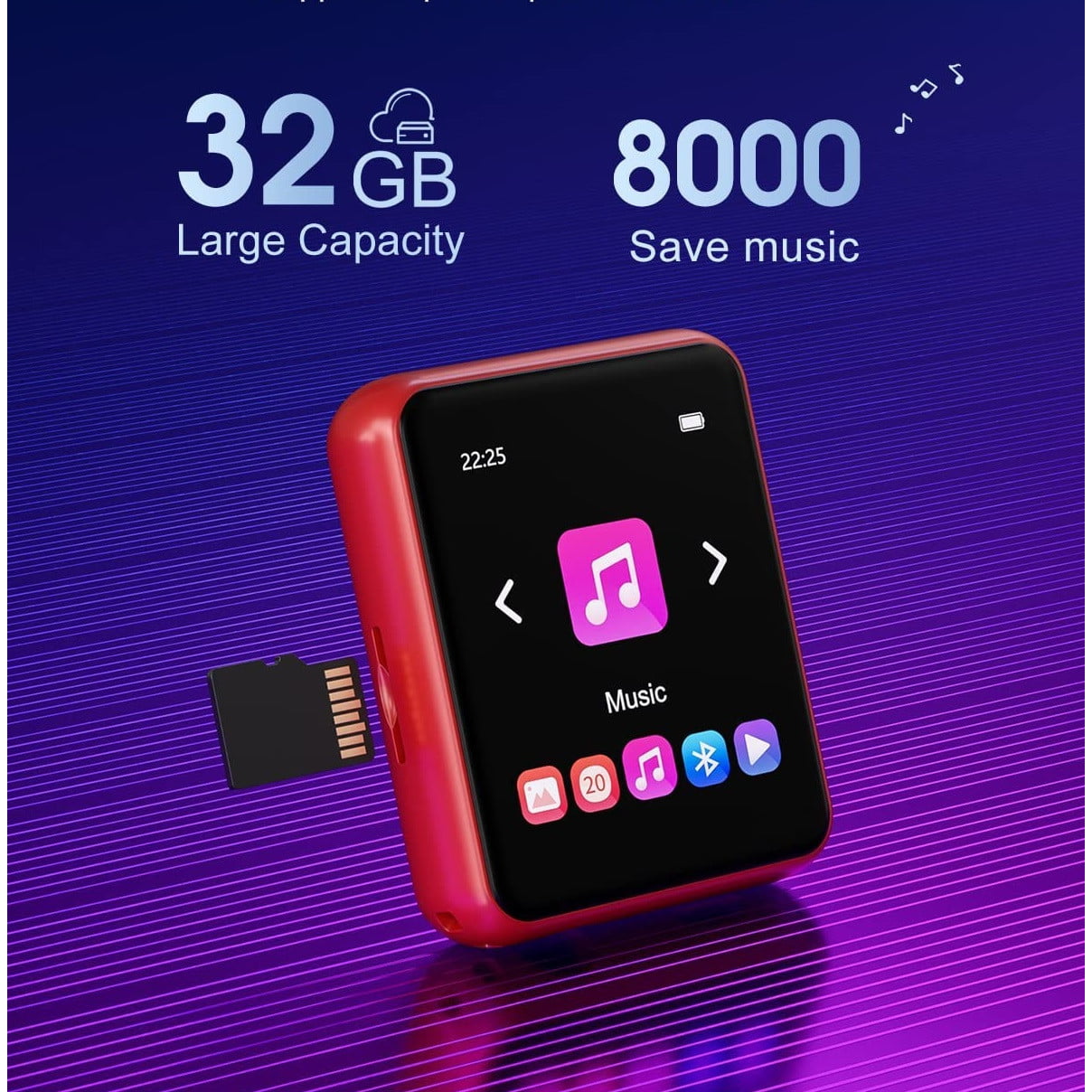 MP3 Player 32 Gb cu Bluetooth 5.0, sunet HiFi fara pierderi, cu difuzor integrat, Radio FM, inregistrare voce, touchscreen de 1,8 inch, accepta card de pana la 128 Gb, rosu