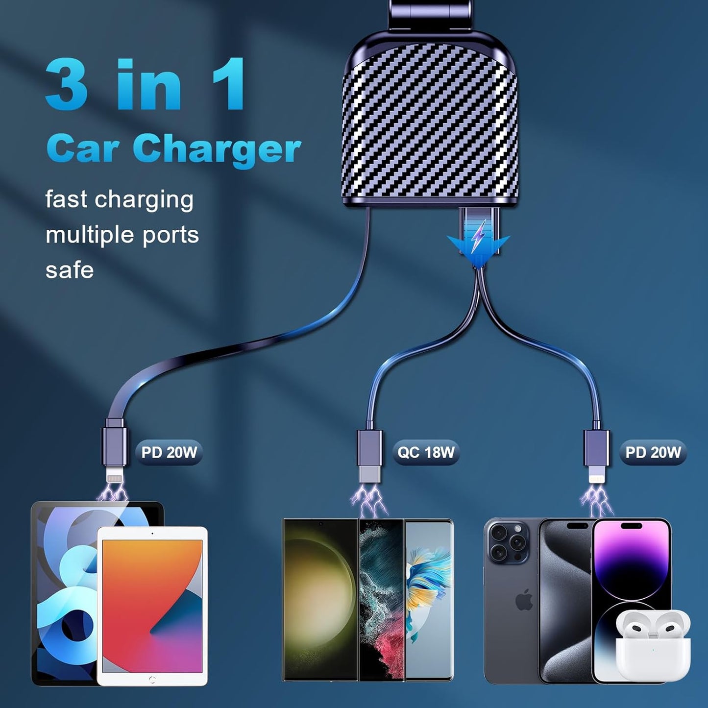 Incarcator auto 3 in 1 fast charge 58W cu cablu Lightning retractabil de 90 cm, port USB-C si port USB-A, iPhone 16, 15, 14, 13 Pro