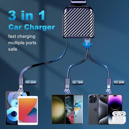 Incarcator auto 3 in 1 fast charge 58W cu cablu Lightning retractabil de 90 cm, port USB-C si port USB-A, iPhone 16, 15, 14, 13 Pro