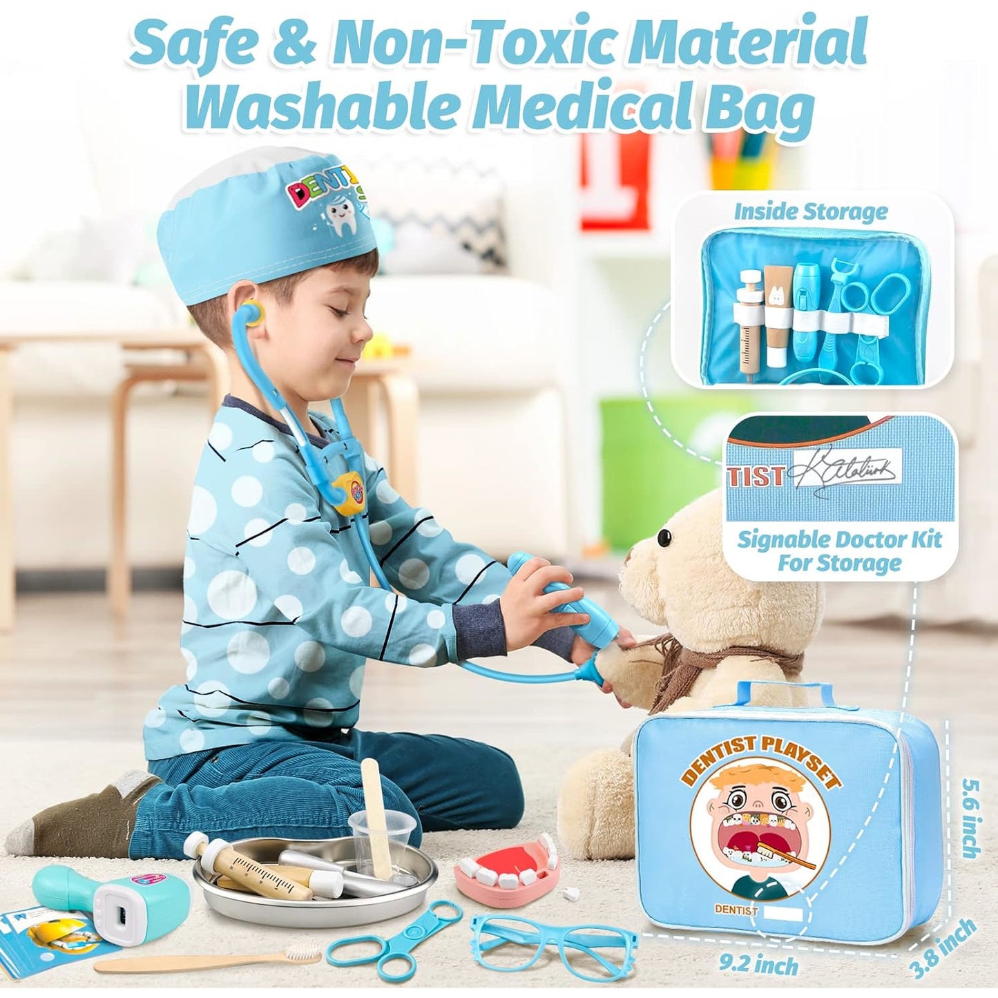 Trusa medicala de jucarie, set dentist cu geanta, termometru, stetoscop, ochelari, sort, model cu dinti, reflector, lanterna, masca, jucarie de rol, pentru copii peste 3 ani