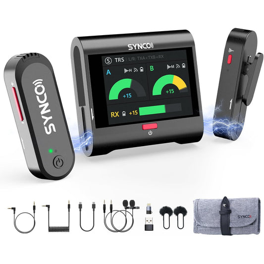 Set 2 microfoane lavaliera profesionale wireless 2.4GHz, raza actiune 250 m, receptor cu touchscreen de 2 inch, 10 ore timp functionare, anulare zgomot, inregistrare de siguranta, pentru PC, Laptop, Smartphone, Camere DSLR