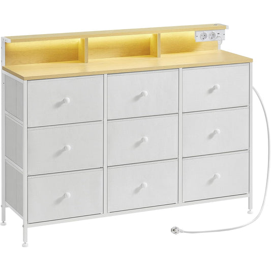 Comoda SONGMICS cu 9 sertare, iluminare LED reglabila tactil, priza si porturi USB integrate, cadru metalic din otel, 114 x 33,5 x 84 cm, alb, dulap depozitare modern pentru dormitor, living sau hol