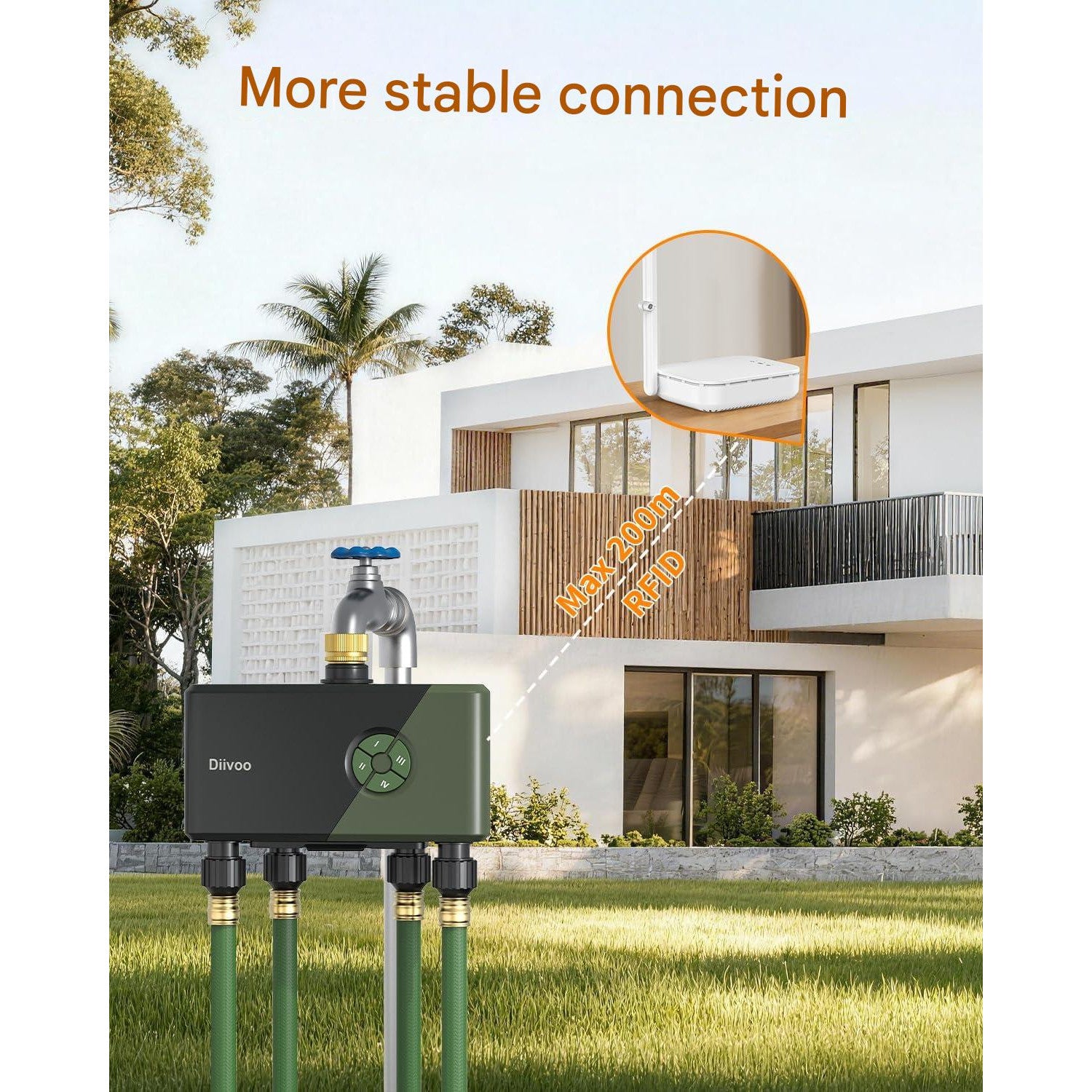 Computer de irigatii smart Diivoo WLAN 4 iesiri – Temporizator udare gradina WiFi + Ethernet, control app, compatibil Alexa si Google, 24 programe, udare 4 zone, mod ploaie si ceata, economisire apa, intrare alama anti-scurgeri