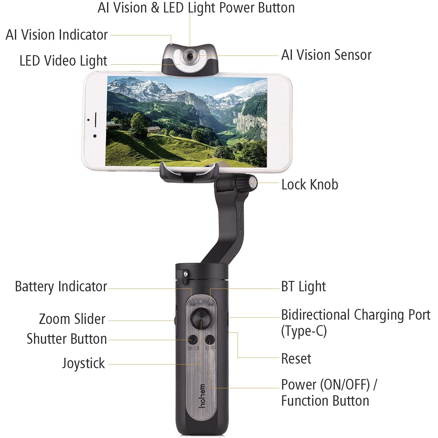 Stabilizator Gimbal iSteady V2 cu 3 axe, urmarire automata AI, lumina LED, control prin gesturi, baterie 2800 mAh, pliabil, pentru smartphone iPhone, Samsung, Huawei P40, Mate30 Pro