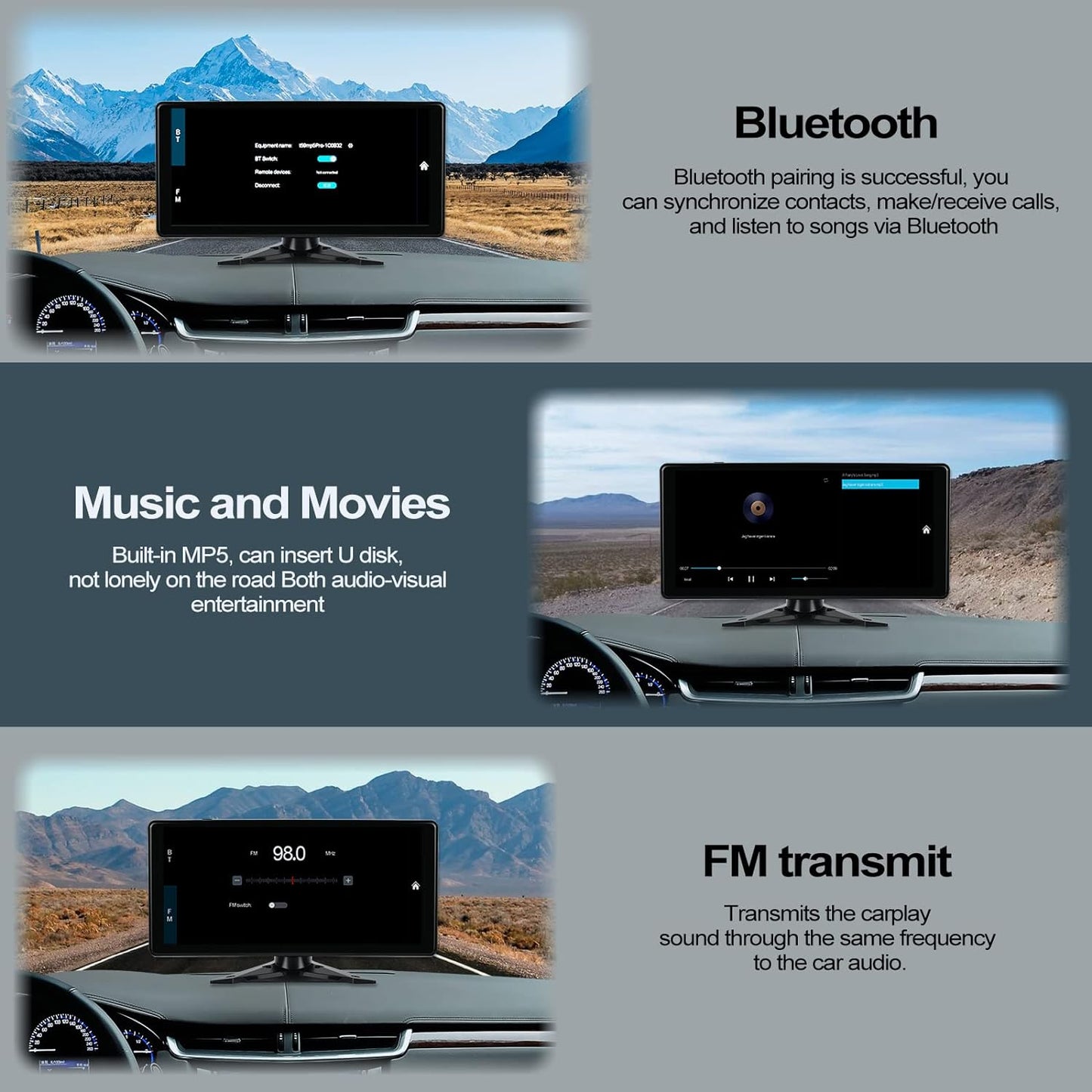 Multimedia player auto cu 4 camere marsarier impermeabile IP67 si nightvision, cu monitor touchscreen de 10, 36 inch, functie split screen, Bluetooth, Transmitator FM, pentru masina, camion, rulota, autocar