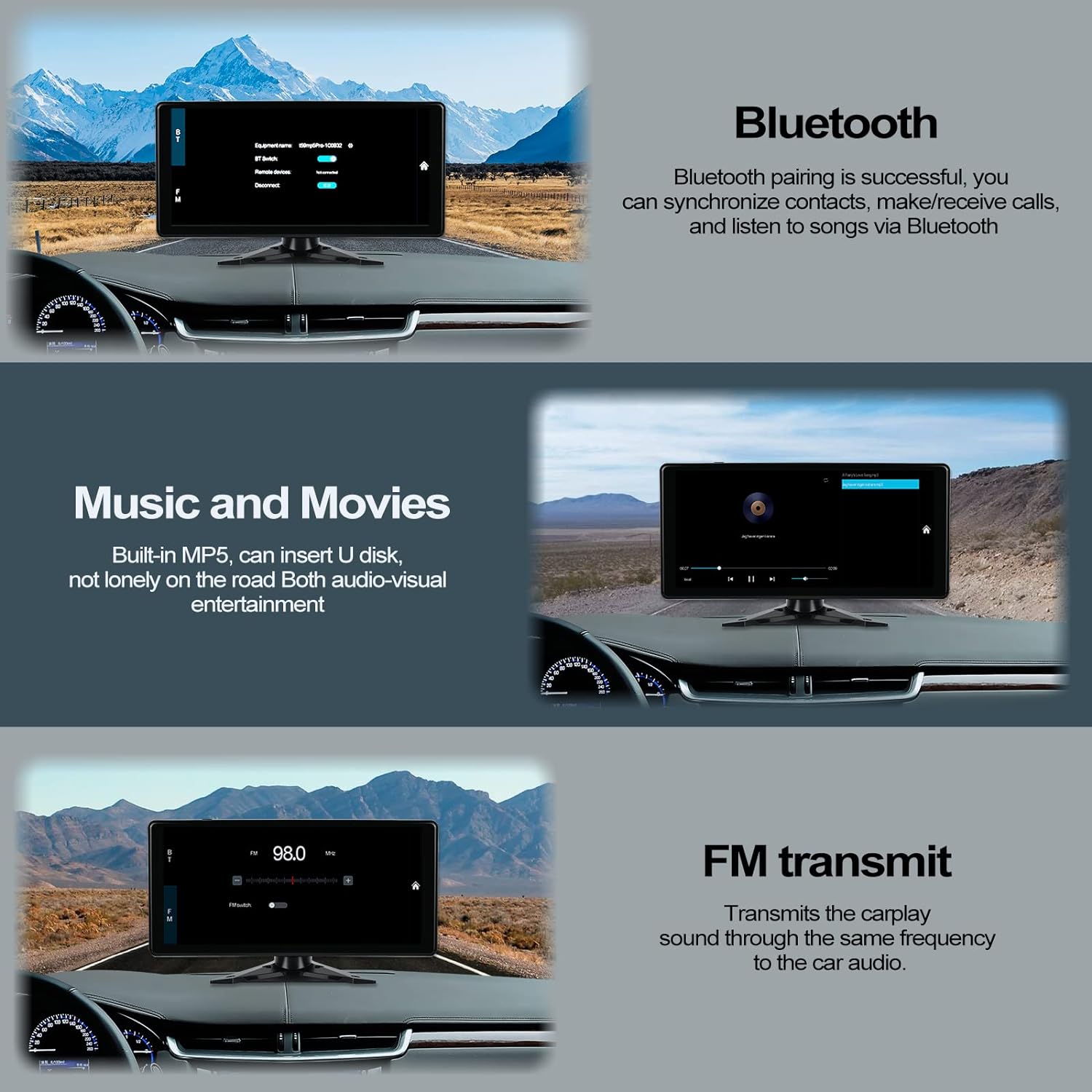 Multimedia player auto cu 4 camere marsarier impermeabile IP67 si nightvision, cu monitor touchscreen de 10, 36 inch, functie split screen, Bluetooth, Transmitator FM, pentru masina, camion, rulota, autocar