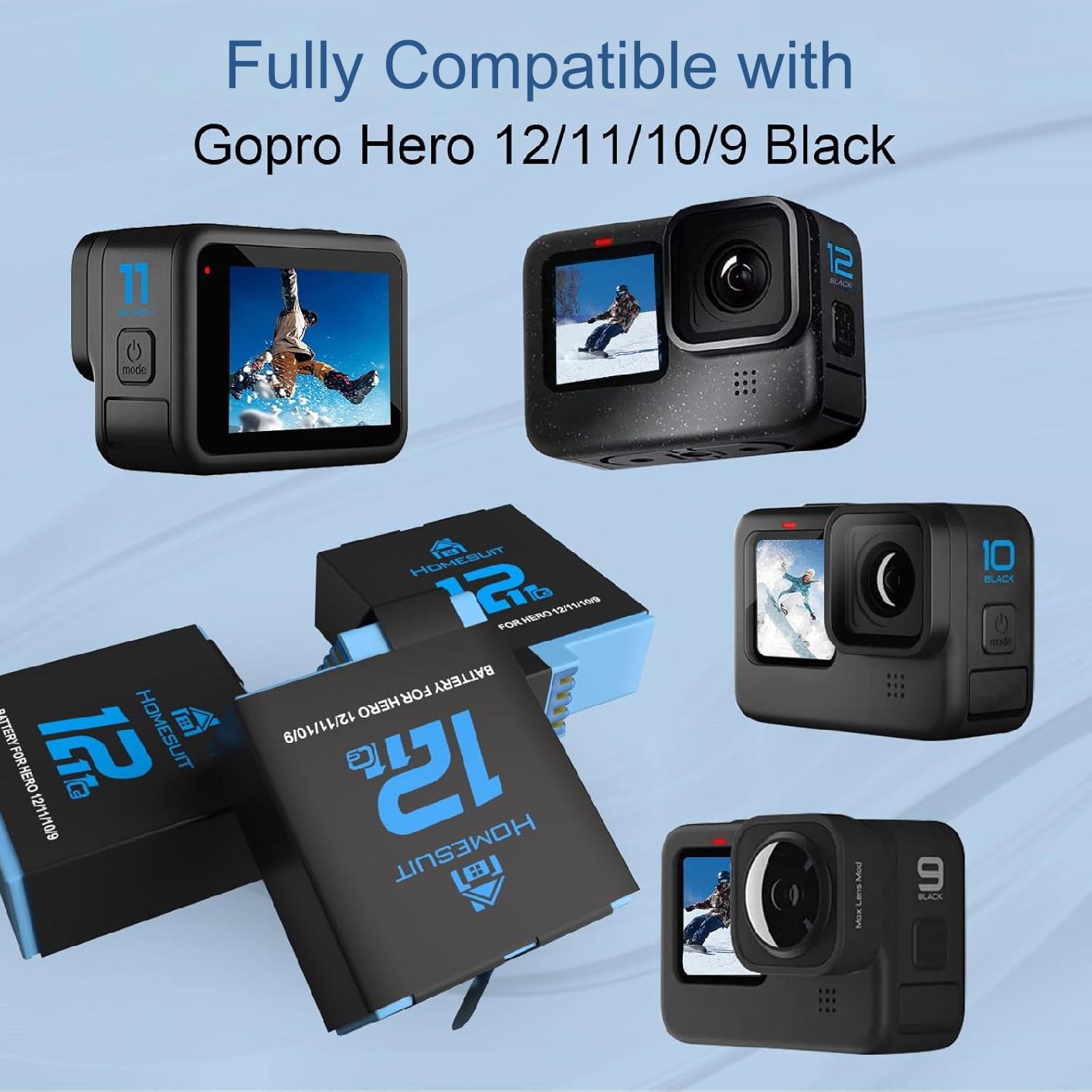 Set 3 acumulatori 1800 mAh pentru Gopro Hero 12 Black, Hero 11 Black, Hero 10 Black, Hero 9 Black, si incarcator cu 3 canale si capac de protectie