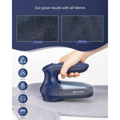 Aparat de curatat scame Beautural Lint, rotire a lamei de pana la 9000 rotatii/min, cutit cu 6 lame, 2 viteze, perie de curatare, recipient transparent, Albastru