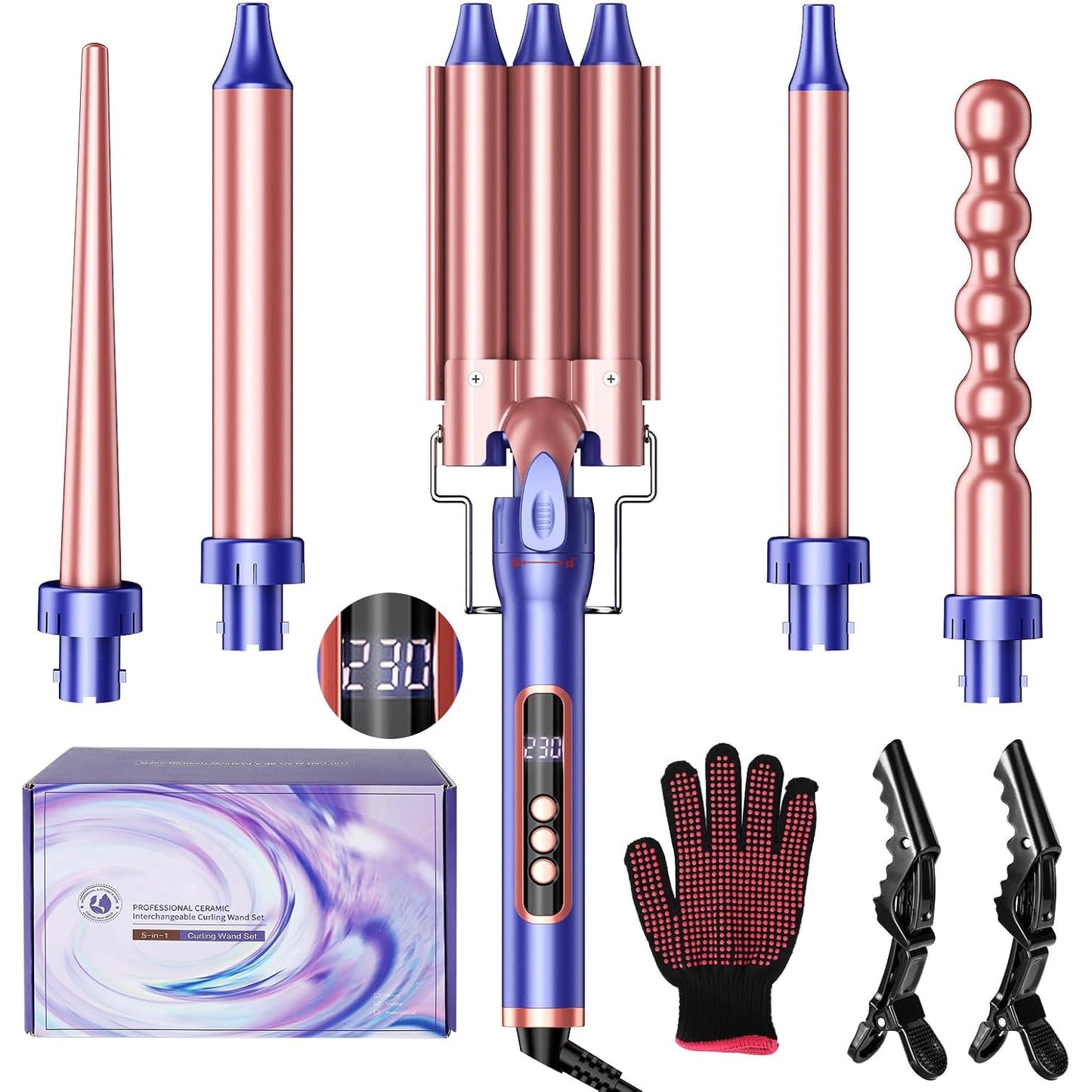 Ondulator profesional 5 in 1 cu 3 cilindri si 4 capuri diferite, turmalina ceramica, display LCD, temperatura reglabila 80-230°C, sistem incalzire rapida PTC, multifunctional