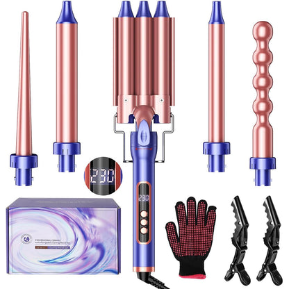 Ondulator profesional 5 in 1 cu 3 cilindri si 4 capuri diferite, turmalina ceramica, display LCD, temperatura reglabila 80-230°C, sistem incalzire rapida PTC, multifunctional