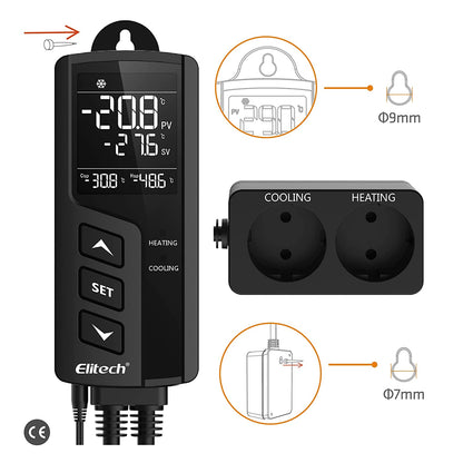 Priza smart cu termostat pe 2 canale, control incalzire si racire, ignifug clasa V0, cu display LCD, alarma de temperatura, plug and play, pentru sera, incubator, acvariu