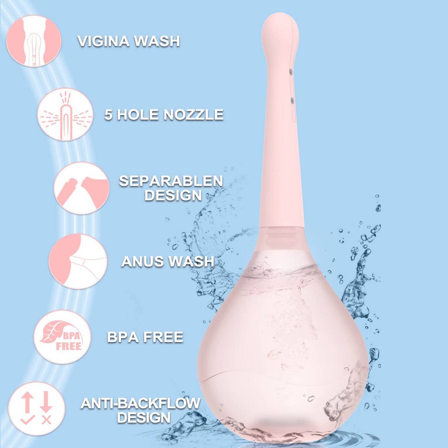 Irigator intim pentru clatire intestinala si vaginala, Zggzerg, Design anti-retur, 150 ml, Cap cu 5 duze, Ergonomic, Reutilizabile, Pentru igiena intima, Portabil si usor de folosit, ABS, Roz