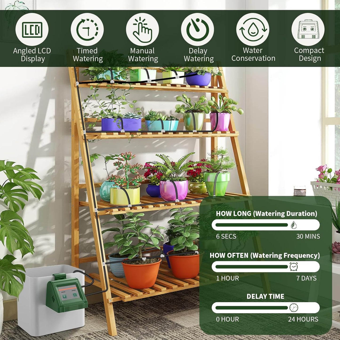 Kit sistem irigare prin picurare WiFi, Pentru 10 ghivece, Wireless, Control prin aplicatie Tuya, Programabil, Alimentare prin Baterii AA si USB, Furtun de 10 m, Sunlary