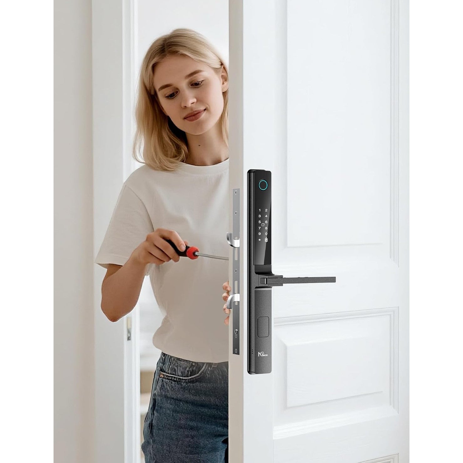 Incuietoare inteligenta, Yala WiFi smart cu aplicatie, amprenta, cod PIN, cartela de acces IC, cheie, sonerie, cod de acces temporar, neagra