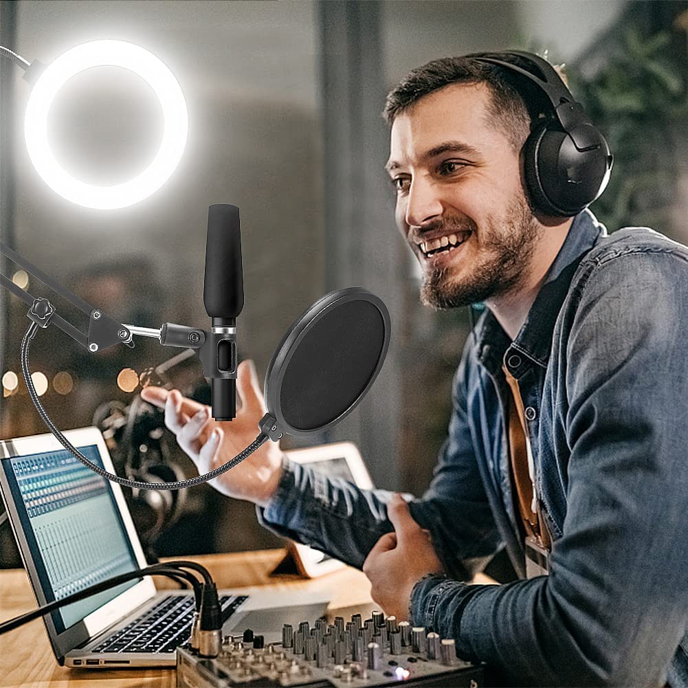 Set brat cu menghina cu suport pentru microfon, filtru pop, ring light LED USB, stand cu suport pentru telefon, Profesional, Ajustabil