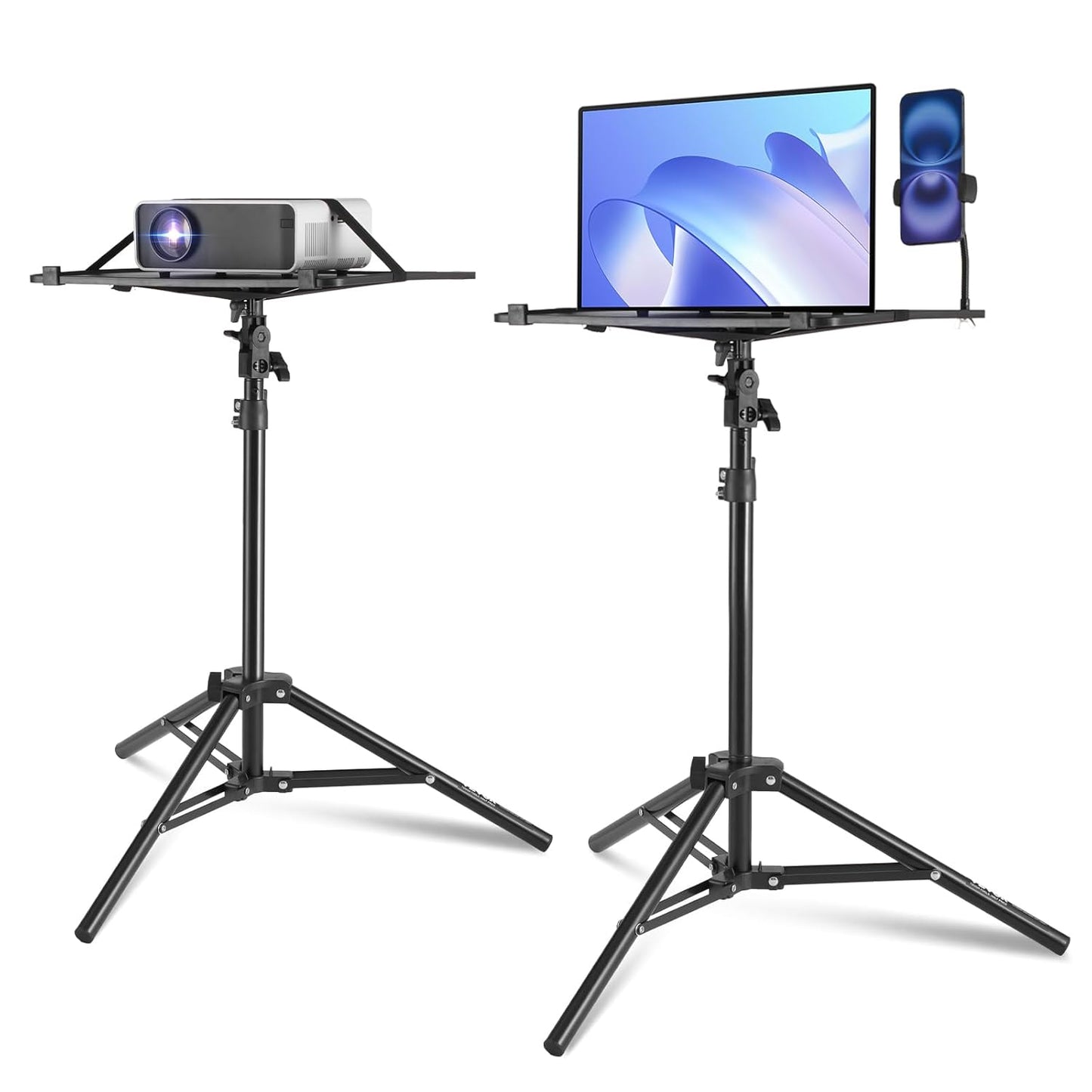 Suport pentru videoproiector sau laptop cu trepied, inaltime reglabila 68 - 160 cm, suport telefon gooseneck, unghi reglabil 180°, portabil, design pliabil, capacitate 5 kg, pentru proiector, tableta, mixer, laptop, partitura, negru
