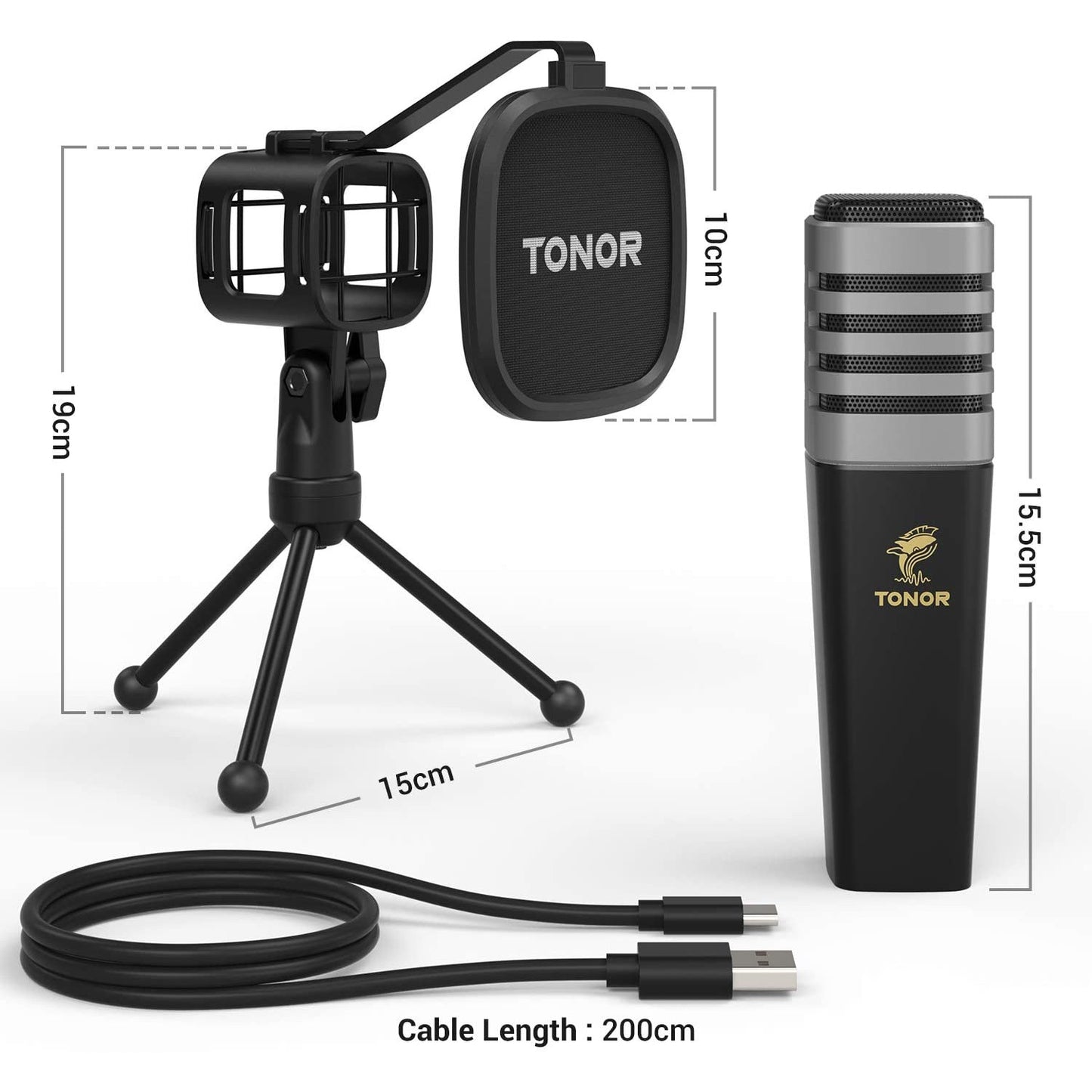 Microfon USB cu suport si filtru pop, Tonor TC30, plug and play, microfon condenser cardidoid pentru inregistrare, streaming, Podcast, Youtube, compatibil PS4, PC, Laptop
