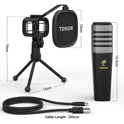 Microfon USB cu suport si filtru pop, Tonor TC30, plug and play, microfon condenser cardidoid pentru inregistrare, streaming, Podcast, Youtube, compatibil PS4, PC, Laptop