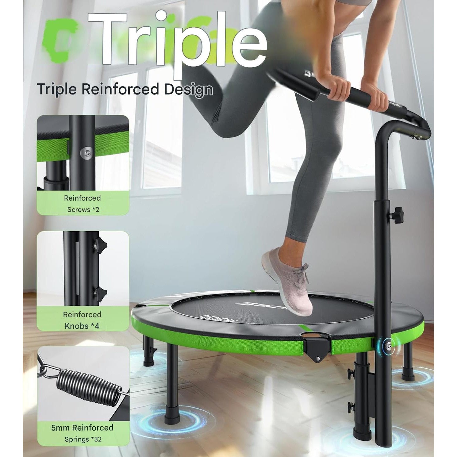 Trambulina fitness pliabila BCAN 102 cm pentru interior, capacitate maxima 150 kg, 32 arcuri ranforsate, cadru metalic stabil, ghidon reglabil cu maner din spuma, sistem anti-rasturnare, trambulina pentru exercitii cardio si fitness