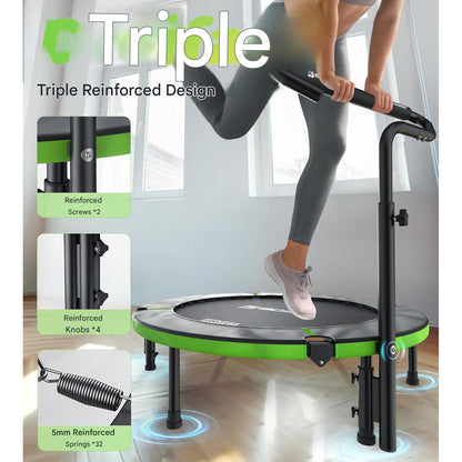 Trambulina fitness pliabila BCAN 102 cm pentru interior, capacitate maxima 150 kg, 32 arcuri ranforsate, cadru metalic stabil, ghidon reglabil cu maner din spuma, sistem anti-rasturnare, trambulina pentru exercitii cardio si fitness