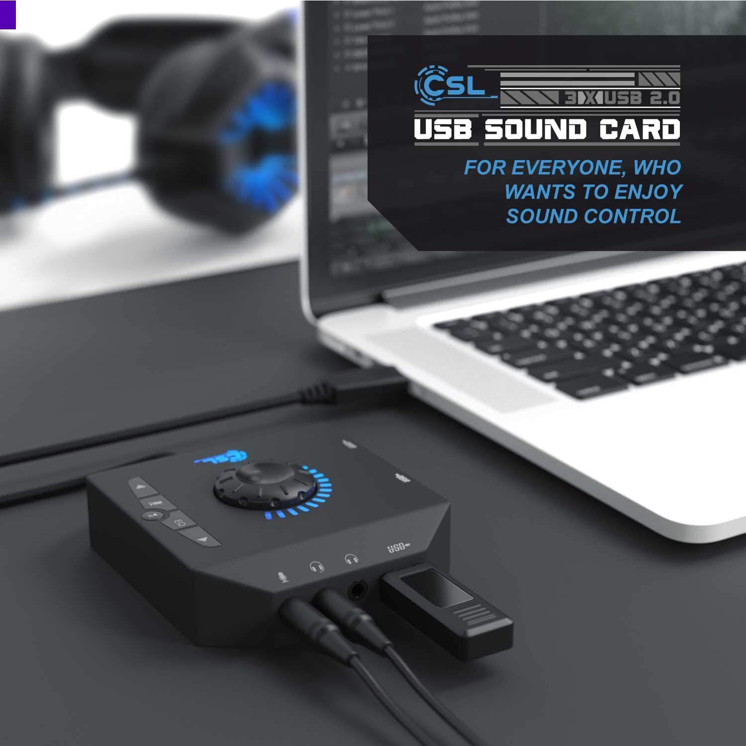 Placa de sunet externa CSL USB 3 in 1 amplificator, terminal conectare casti si Hub USB, cu egalizator si rotita volum