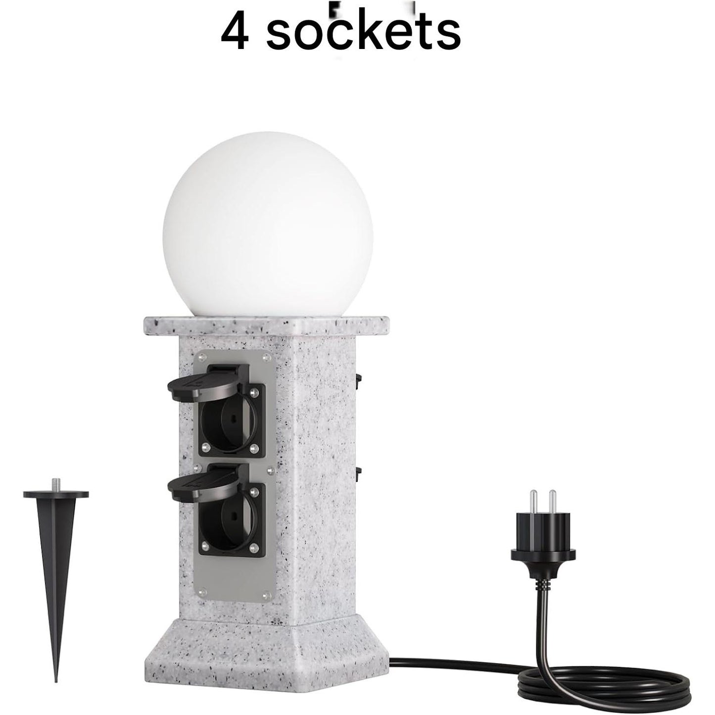 Priza de exterior decorativa, prelungitor cu 4 prize si lampa de gradina LED cu senzor de lumina, cablu de 3 m, impermeabil IP 44, priza de gradina 230V 16A cu aspect stalp de marmura