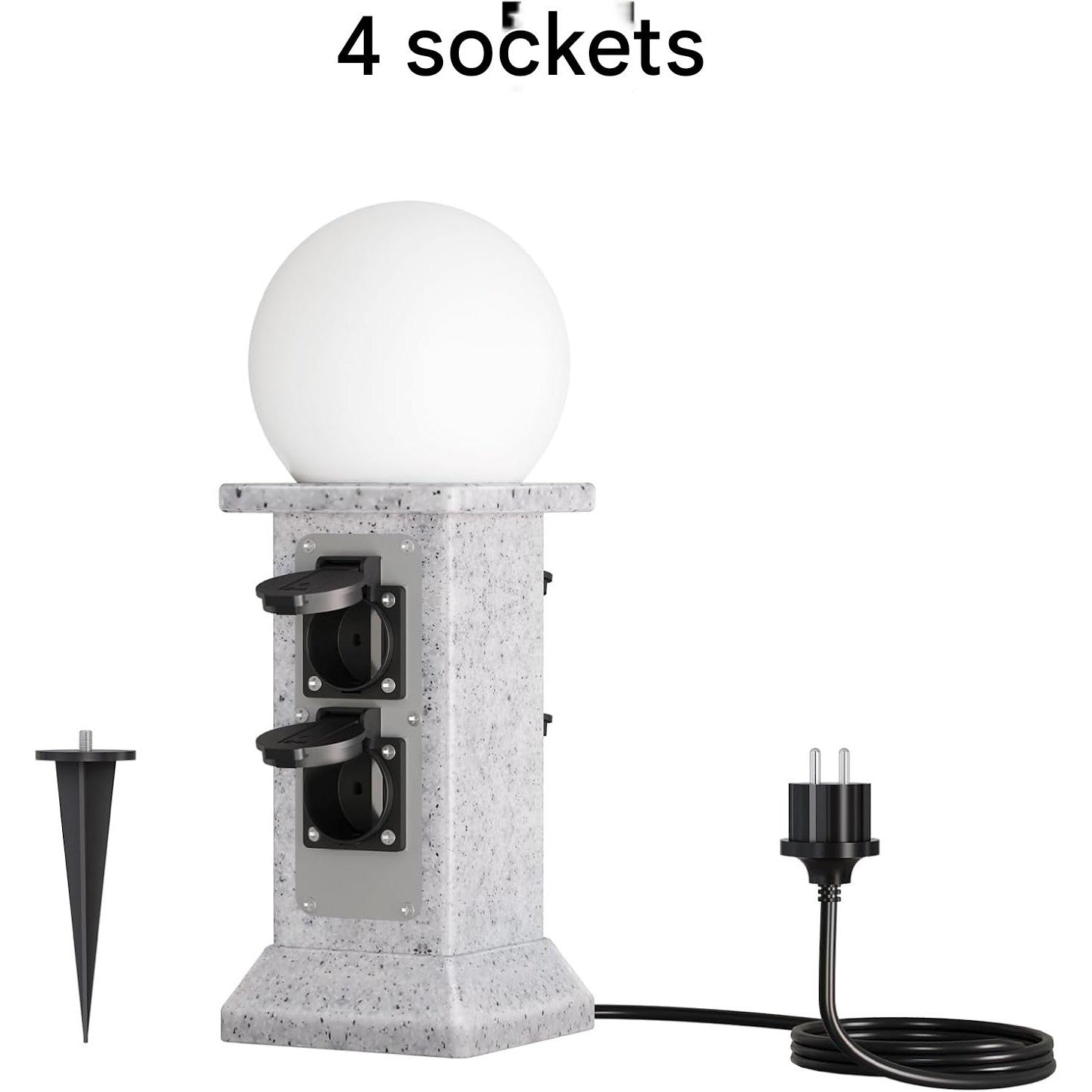 Priza de exterior decorativa, prelungitor cu 4 prize si lampa de gradina LED cu senzor de lumina, cablu de 3 m, impermeabil IP 44, priza de gradina 230V 16A cu aspect stalp de marmura