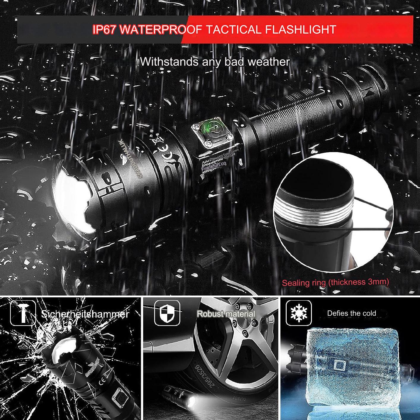 Lanterna tactica LED, din aluminiu, 10000 lumeni, profesionala, focus ajustabil, acumulator inclus, 5 moduri iluminare, rezistenta la apa, incarcare USB, sursa CREE XHP70.2