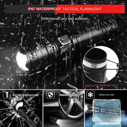 Lanterna tactica LED, din aluminiu, 10000 lumeni, profesionala, focus ajustabil, acumulator inclus, 5 moduri iluminare, rezistenta la apa, incarcare USB, sursa CREE XHP70.2