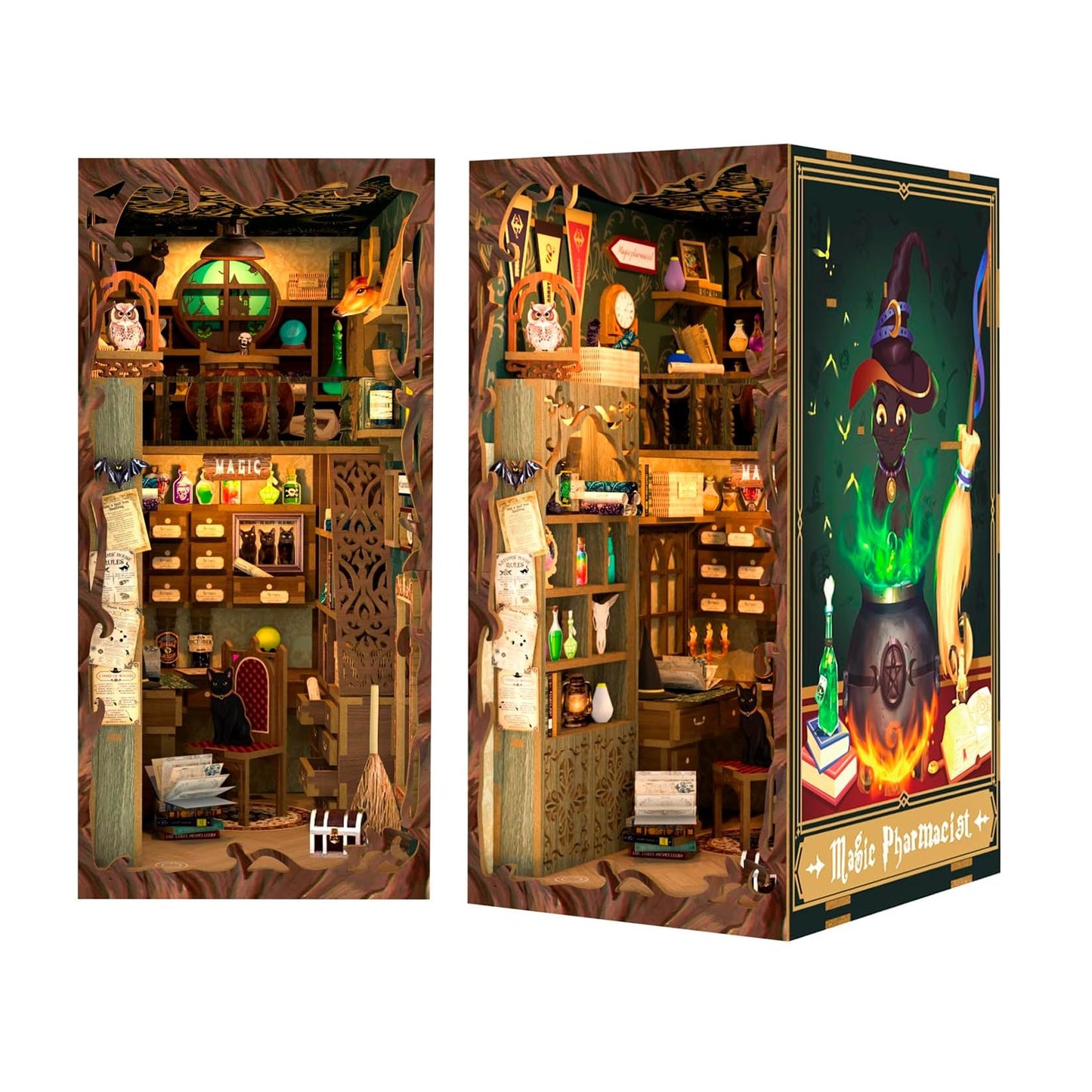 Puzzle 3D Cotor de carte DIY, Magician, Cu lumini LED, 282 piese, Book Nook Magic Pharmacist, Cutebee
