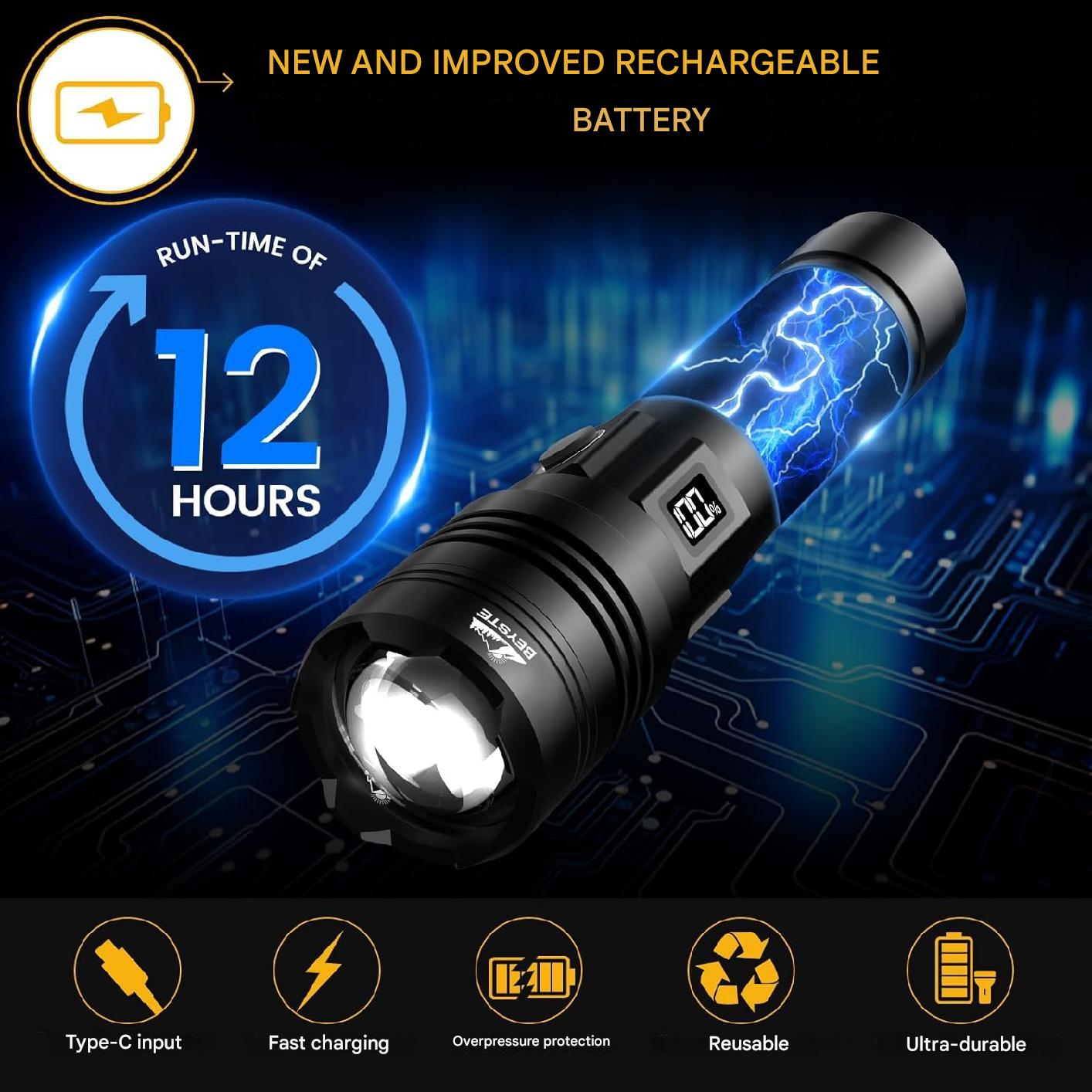 Set lanterna tactica LED cu lanterna UV mini si lampa de citit, lanterna reincarcabila din aluminiu, cu afisaj digital, impermeabila IPX6, iesire USB, in cutie de transport si depozitare