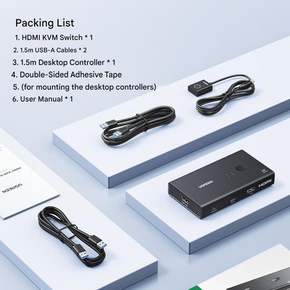 Comutator KVM HDMI pentru 2 PC-uri si 1 monitor, rezolutie pana la 4K 60Hz, 3x USB-A + 1x USB-C USB 3.0, transfer date 5Gbps, partajare tastatura, mouse, imprimanta si stick USB, suport HDR10+, VRR, G-Sync si FreeSync, comutare prin buton si telecomanda